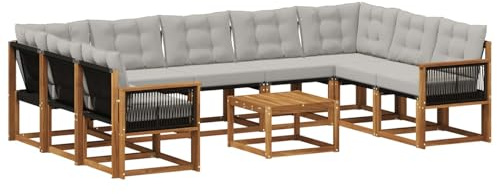 vidaXL Outdoor-Sofagarnitur mit Kissen 10 pcs Natur und Hellgrau, Moderne Gartenmöbel, Akazienholz-Sofa, Textilene-Rücken, strapazierfähige Sitzmöbel, Bequeme Liegeplätze