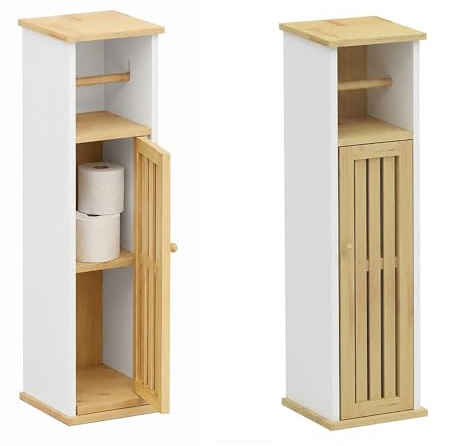 Ma Maison Mobile Porta Carta Igienica da Terra 18X18X75h CM - con Anta, Ripiani, in Legno MDF, Autoportante, Dispenser per Rotolo, Bagno - Colore (Bianco)