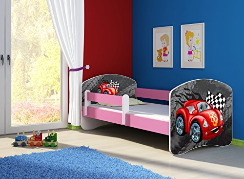 CLAMARO 'Fantasia Pink' 160 x 80 Kinderbett Set inkl. Matratze und Lattenrost, mit verstellbarem Rausfallschutz und Kantenschutzleisten, Design: 05 Rennwagen Rot