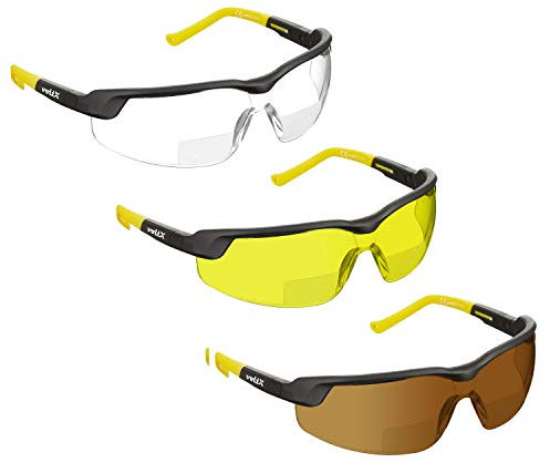 voltX 3 x 'GT Adjustable' Gafas de Seguridad de Lectura bifocales adjustables, (Transparente, Amarillo y MARRÓN dioptria +1.0) Certificado CE EN166FT, Revestimiento antiempañamiento, Lentes UV 400