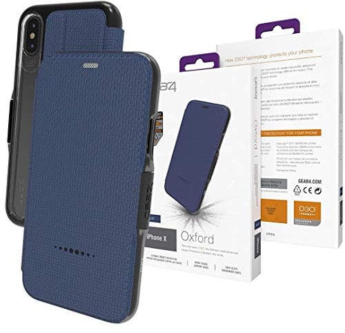 Gear4 Oxford Folio Case with Improved Shock Protection (D3O Protected), Stand Function and Card Slots, Slim and Durable, Compatible with iPhone X - Blue