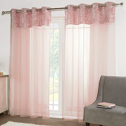 Sienna CVCVPBLS314 Pair of Crushed Velvet Window Treatment Panel Lace Voile Net Curtain Textured Eyelet Ring Top, Blush Pink Panels, 55 wide x 87 drop
