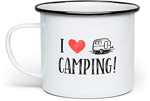 Fashionalarm Emaille-Tasse I Love Camping beidseitig Bedruckt | Emaille-Becher mit Spruch als Geschenk Camper Camperin Campen Wohnwagen Urlaub, Weiß/Schwarz