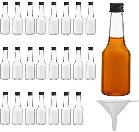 BELLE VOUS Lot de 24 mini bouteilles de liqueur, 100 ml, en plastique, réutilisables, avec bouchon à vis noir et entonnoir, bouteilles de 100 ml pour remplir de liquides pour mariages, fêtes