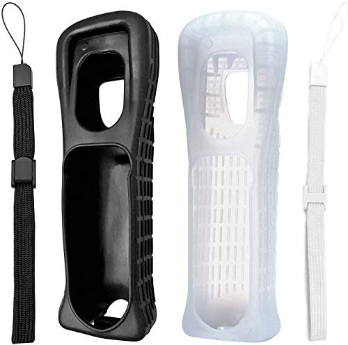 Lot de 2 coques en silicone avec dragonne de rechange pour télécommande Wii (noir + blanc)
