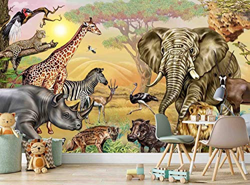 Papier peint mural - Animaux de la savane africaine - Papier peint photo pour chambre d'enfant - 366 x 254 cm - Poster géant en papier - Illustration
