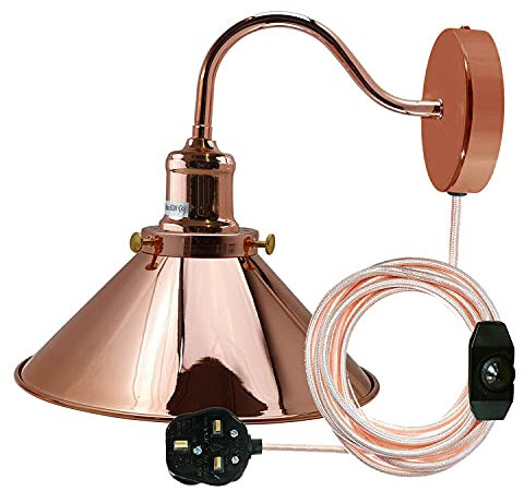 Industrial (Rose Gold Wall Sconce with Plug-in Cord, Vintage Metal Shade, Rustic Farmhouse Wall Light with On/Off Switch - Easy Install Wall Mount Lamp for Bedroom, Living Room (Rose Gold)