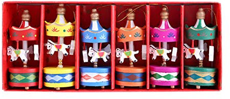 BORDSTRACT 1 x 6Stück/Set Holz Vintage Karussell Spieluhr, Mini 3 Pferd rotierende hängende Anhänger Dekoration Weihnachtsbaumschmuck für Kinder Geburtstag