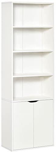 HOMCOM 6-Tier Tall Bookcase, Bookshelf with 4 Open Shelves and Double Door Storage Cabinet, Freestanding Display Rack for Living Room, Bedroom, Home Office, Study, 59 x 29 x 180cm, White