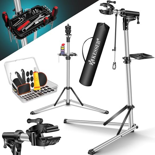 KESSER® Fahrradmontageständer Profi Reparaturständer Aluminium für Fahrräder Mountainbikes E-Bike Schwerlast-Montageständer Fahrradständer +Tasche mit Schnelllösevorrichtungen 360° drehbar, Silber