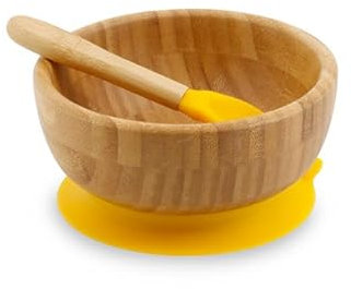 BIOZOYG Ensemble de Bols en Bambou Rond I Bol Ventouse avec cuillère - certifié FSC I Jeu de Bols pour Enfants - Bol à Bouillie pour bébé & à céréales I Vaisselle en Bambou Rond Jaune