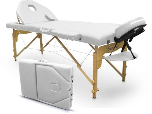 Quirumed Elite Klapp-Massageliege aus Holz, weiß, 194 x 70 cm, Kunstleder, tragbar, klappbare Rückenlehne, Abnehmbarer Kopf, Gesichtsloch, höhenverstellbar, bis 150 kg
