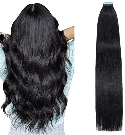 AGMITY Tape Extensions Echthaar, Tief Schwarz 60cm 20pcs 50Gram 24 Zoll Seidig Gerade Nahtlos Skin Weft Tape in Remy Haarverlängerungen(60cm #1 Tief Schwarz)