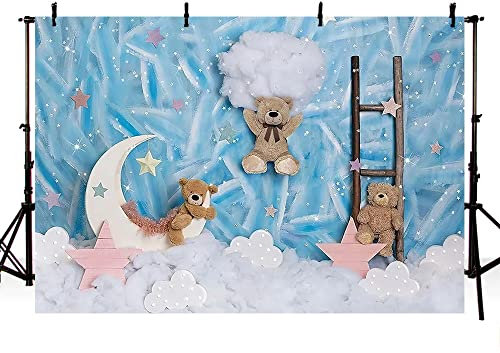 MEHOFOND 2,1 x 1,5 m Blaue und weiße Wolken Junge Fotohintergrund Spielzeug Bär Twinkle Twinkle Little Stars Hintergrund für Fotografie Prinz Baby Shower Geburtstag Party Dekorationen