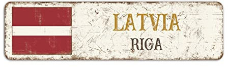 Lettland Straßenschild Riga Stadtschild, Lettland Flagge Schild, Vintage Land Hauptstadt Stadt Souvenir für Landstraße Wanddekoration 8 x 30 cm