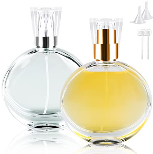 BOOHO 2Pcs 50ml Empty Glass Perfume Atomiser, 2 colors Clear Glass Atomiser Spray Bottles, Round Refillable Spray Perfume Bottles Fine Mist Cosmetic Container for Travel (50ml)