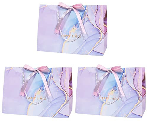 3 Stück Geschenktüten mit Henkel und Schleifenbändern, 36× 25× 12cm Geschenktüte Geburtstag Geschenktüte aus Papier für Geburtstag, Hochzeit, Brautparty, Babyparty(Rosa 2)