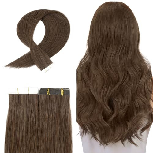 TESS Tape Extensions Echthaar 35 cm, Braun Tape Klebeband Haarverlängerung 20 pcs Glatt Dunkelbraun Remy Tape in Hair Extensions für Haarverdichtung (20pcs-20g)