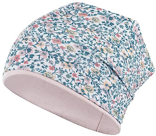 Smarilla Mädchen Mütze Übergangsmütze Beanie Blumen Frühling Herbst Baumwolle, Bekleidungsgröße: 50-52, Farbe: Grün-Puderrosa