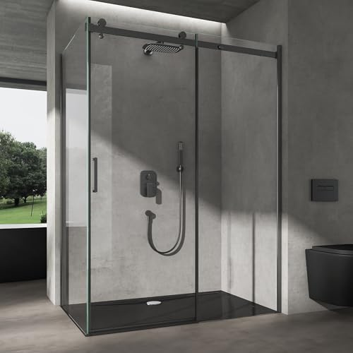 doporro Duschkabine mit Schiebetür Eckdusche 75x150x195cm Duschabtrennung | 8mm ESG-Sicherheitsglas Klarglas inkl.Nano-Beschichtung | Rechts-oder Linkseinstieg | Aluminiumrahmen in Schwarz | Ravenna19K