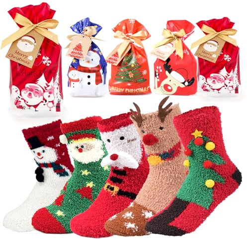 iZoeL Damen Weihnachten Kuschelsocken Weihnachtssocken Haussocken Rutschfest Stoppersocken Wintersocken Kartoon Warme Socken Weihnachten Geschenk für Damen(5 paar)