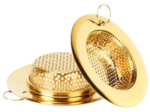 Blueden Lot de 2 filtres d'évier de cuisine avec anneau de tirage, grand bord large de 11,9 cm de diamètre, panier de vidange en acier inoxydable pour évier de cuisine, passe au lave-vaisselle, doré