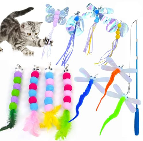 Teksome Interaktives Katzenspielzeug mit Schmetterlingen, Raupe, Libelle, interaktives Spielspielzeug-Set, interaktives Kätzchen-Spielzeug, Katzenangel-Spielzeug für Meerschweinchen, Eichhörnchen