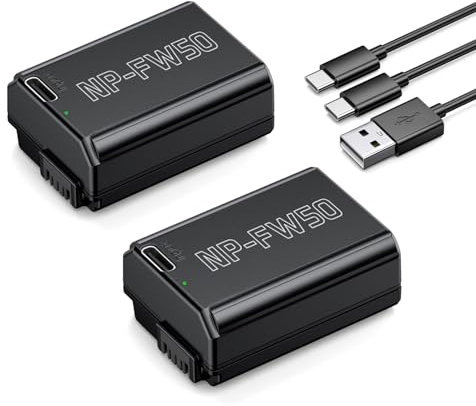 Powerextra 2 Stück Ersatzakku für NP-FW50 (1500mAh) mit USB-C Ladebuchse kompatibel mit ILCE QX1 Alpha 5000 5100 6000 6400 6500 Alpha 7 und 7 II 7S DSC RX10 - A55 A33 A35 A37 A3000 usw