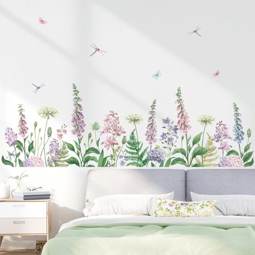 wondever Stickers Muraux Fleur de Jardin Autocollants Muraux Mural Stickers Fleurs Violet Herbe Papillon pour Chambre Fille Salon Bureau