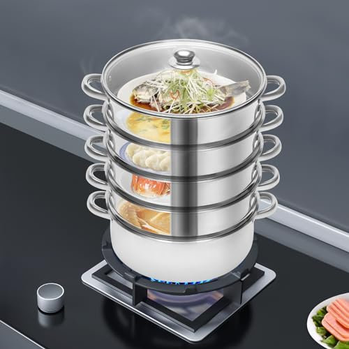 Cuiseur vapeur à 4 étages en acier inoxydable, 26 cm, Grande casserole empilable avec couvercle et poignées - Cuiseur vapeur de cuisine pour cuire à la vapeur du maïs, des boulettes,du poisson