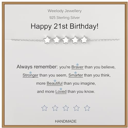 Weelody 21st Birthday Bracelet, Sterling Silver Star Bead, Inspirational Gift for Her