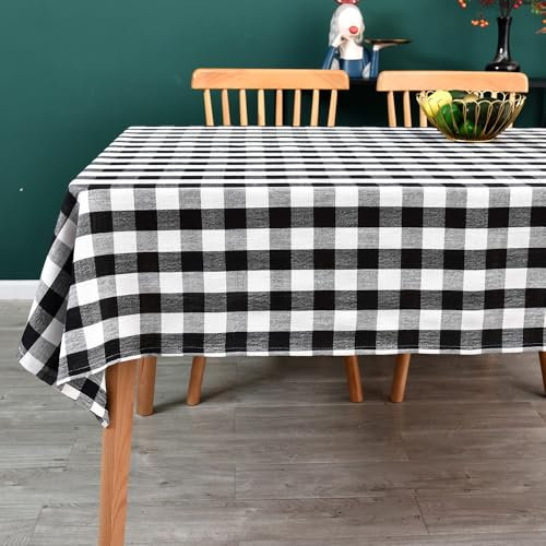 Yofori Gingham Tablecloth, Heavy Duty Cotton Blend Table Cloth for Rectangle Tables Checkered Tablecloth for Kitchen Dinning Tabletop Decoration (Black, 135 x 180 cm)
