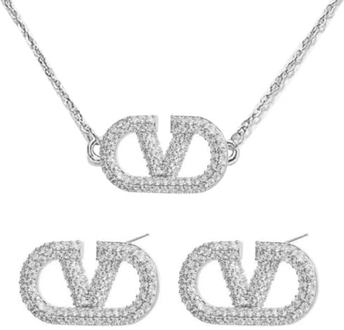 Schmuckset für Damen Halskette Ohrringe Set Buchstabe V Geometrische Hypoallergen Quadrate Ohrstecker Ohrringe Anhänger Halskette Modeschmuck für Frauen und Mädchen Geschenke Gold & Silber YS