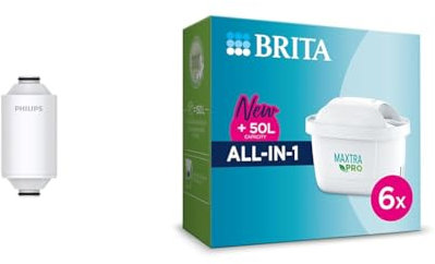 Philips Water - Shower Filter Cartridge, Remove Chlorine and impurities, Filtration Capacity: 50,000 & BRITA MAXTRA PRO All-in-1 Water Filter Cartridge 6 Pack (NEW) - Original BRITA refill reducing