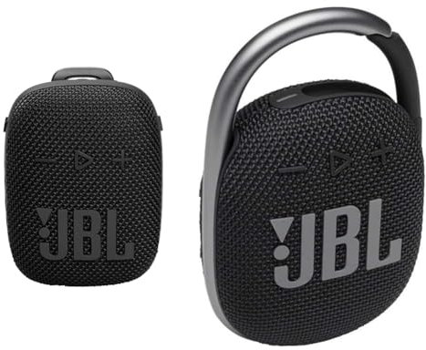 JBL Wind 3S tragbare Bluetooth-Lautsprecher & Clip 4 Bluetooth Lautsprecher in Schwarz – wasserdichte, tragbare Musikbox mit praktischem Karabiner – Bis zu 10 Stunden kabelloses Musik Streaming