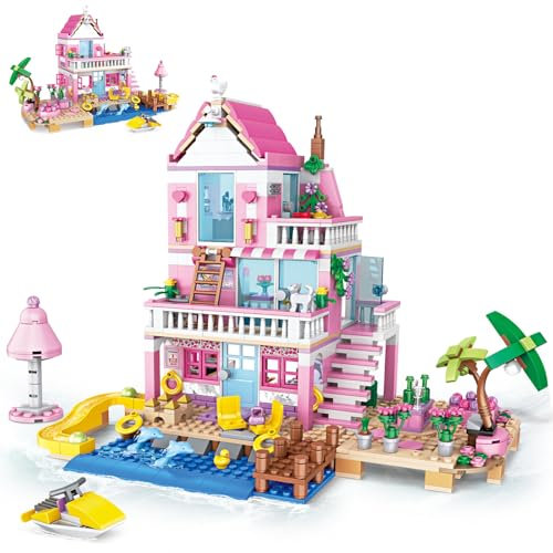 QLT QIAOLETONG Pink Seaside Villa Bausteine Set Kompatibel mit Lego Friends Pädagogisches Strandhaus Konstruktionsspielzeug-Geschenk für Mädchen von 8-18 und Erwachsene (822 Teile)