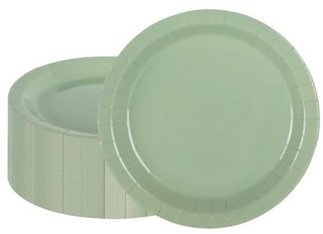 CEILIWEN Lot de 100 assiettes en carton vert sauge de 22,9 cm, assiettes en carton de fête de couleur (100 pièces, vert sauge, 22,9 cm)