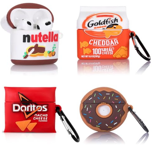 XMBYGY - Juego de 4 fundas para auriculares AirPods de 3ª generación (2022), funda protectora de silicona con bonito diseño de dibujos animados para AirPods 3, con mosquetón (DOR+GOD+Dounts+Nutella)