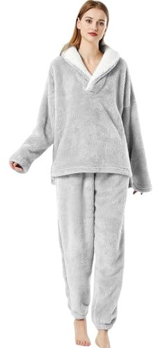 Focenat Pigiama Donna Invernale Caldo,Pigiama di Pile Morbido,Pigiama in Flanella Pigiama Set,Comodo Pigiama Caldo di Peluche,Adatto al calore invernale (IT, Età, Free Size, L, Grigio)