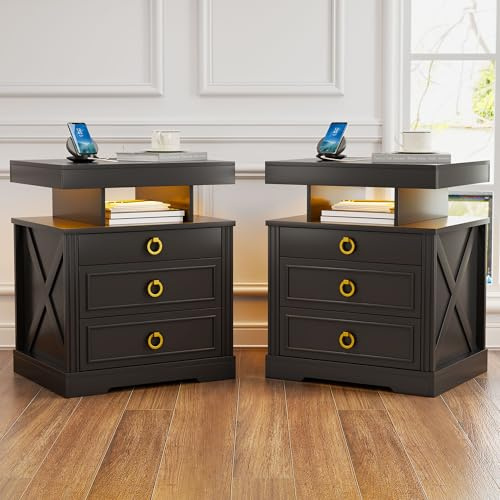 LED Bedside Table Set of 2 with Gun Drawer and Charging Station,Black | Nightstand with Human Sensor and Open Compartment for Bedroom,Sofa End table with 3 Color Light for Living Room