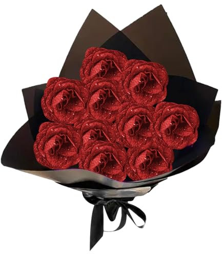 Stibzeup Glitzer Rosen Bouquet 1 Set Realistische künstliche Rosenbouquet -Set umfasst 10 Rose, 10 Stiel, 2 Packpapier und 2 Band Romantische Everlastende Blumenstrauß für Hochzeit, Valentine, Rot