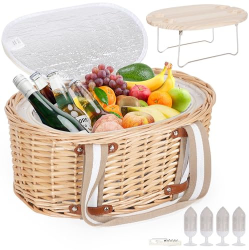 Zettfuly Picknickkorb-Set für 4 Personen – Isolierter Weidenkorb mit klappbarem Weintisch, Picknickset mit Innenfutter für Paare, Camping, Outdoor, Valentinstag (Weiße Blume)
