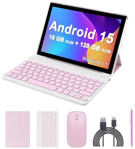 Android 15 Tablet, 2 in 1 Tablet, 10 Inch with Keyboard, 18GB RAM, 128GB ROM 2TB Expand, Quad-Core CPU 2.0GHz, 5G WiFi 6, BT5.0, HD 1280 x 800 Touchscreen, 6000mAh, Widevine L1