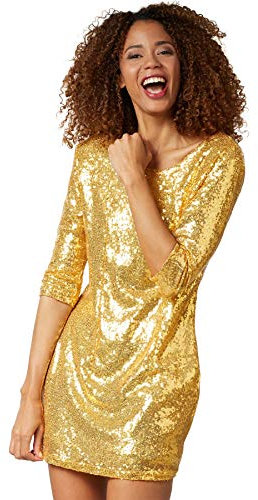 dressforfun Kostüm Damen, kurzes Paillettenkleid, Glitzer Kleid, Langarm Glitzer Oberteile Damen mit Glitzer Rock, Faschingskostüm, Karneval, sexy Disco Kostüm Damen, Rave Outfit Damen, Gold, L