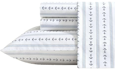 Nautica Bettlaken aus Baumwoll-Perkal-Bettwäsche-Set mit passendem Kissenbezug, frisch und kühl, Tiefe Taschen (Ankerlinien blau, Doppelbett-XL)