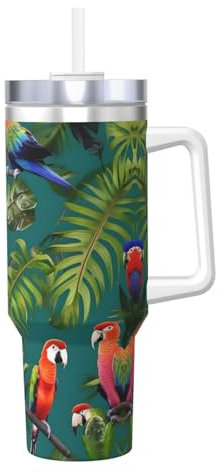 JIUTY Taza de viaje con diseño de plantas tropicales y loros, 1,134.0 g, con asa, de acero inoxidable, para té helado, café, regalo