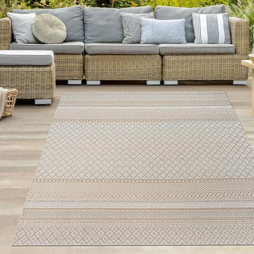 Teppich-Traum In- & Outdoor Teppich Ethno-Rauten Beige Gelb 160x220 cm | Pflegeleicht, wetterbeständig, UV-beständig, robust und formstabil, für Balkon, Terrasse, Garten & Wintergarten