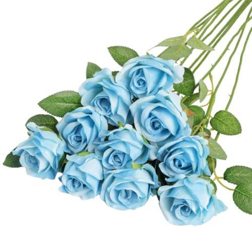 10 Pcs Artificial Roses, Sky Blue Fake Roses Artificials Flowers, with Stems Fake Artificial Sky Blue Rose Silk Flowers, for Home Garden Party Hotel Office Decor