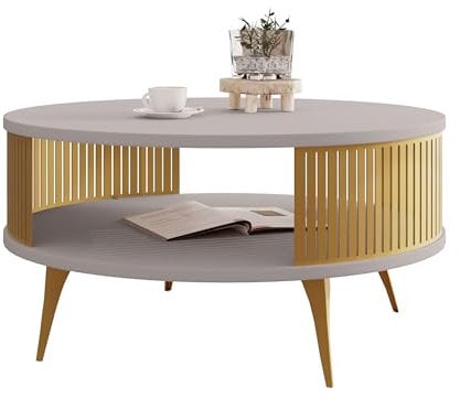 Mirjan24 Couchtisch mit Ablage Rajkon, Runde Form, Metallbeine, Kaffeetisch, Wohnzimmertische, Beistelltisch, Sofatisch, Teetisch (Cashmere, Gold)