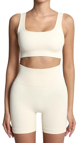 Lemef Fitness-Sets für Damen, 2-teilig, Workout-Outfits, Sport-BH, hohe Taille, Shorts, Trainingsanzüge, Set, gerippt, nahtlos, Yoga-Sportbekleidung, nicht gepolstert, beige, 38